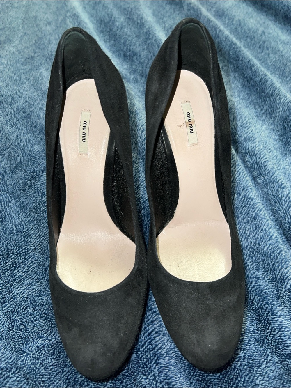 Miu Miu Black Suede Round-Toe Pumps with Nude Insole